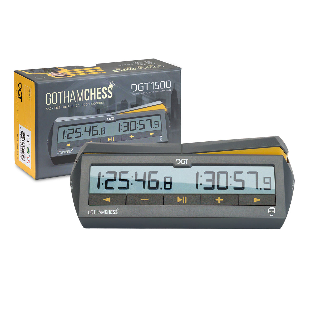 A digital chess clock by GothamChess shown in front of its retail box. The clock is dark gray with yellow accents and a large LCD screen displaying two game timers.