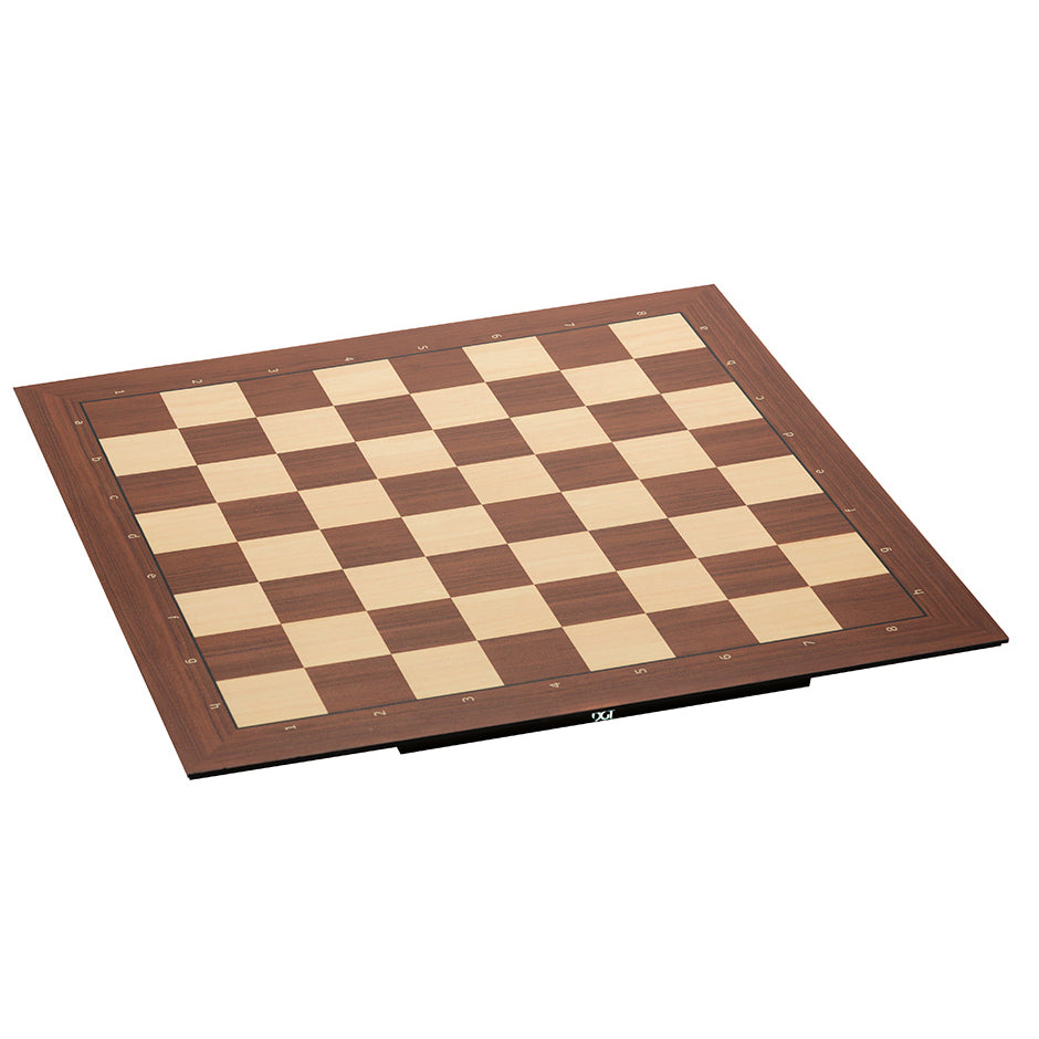 A brown and beige checkered electronic smart board for chess.