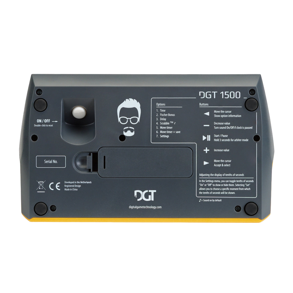 The rear view of a DGT 1500 digital audio processor chassis, showing the black metal backplate with screw terminals, a power switch, a small circular indicator light, and printed technical specifications and instructions.