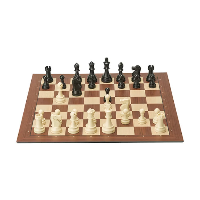 The DGT Smartboard a classic wood effect chessboard with alternating brown and beige squares, 